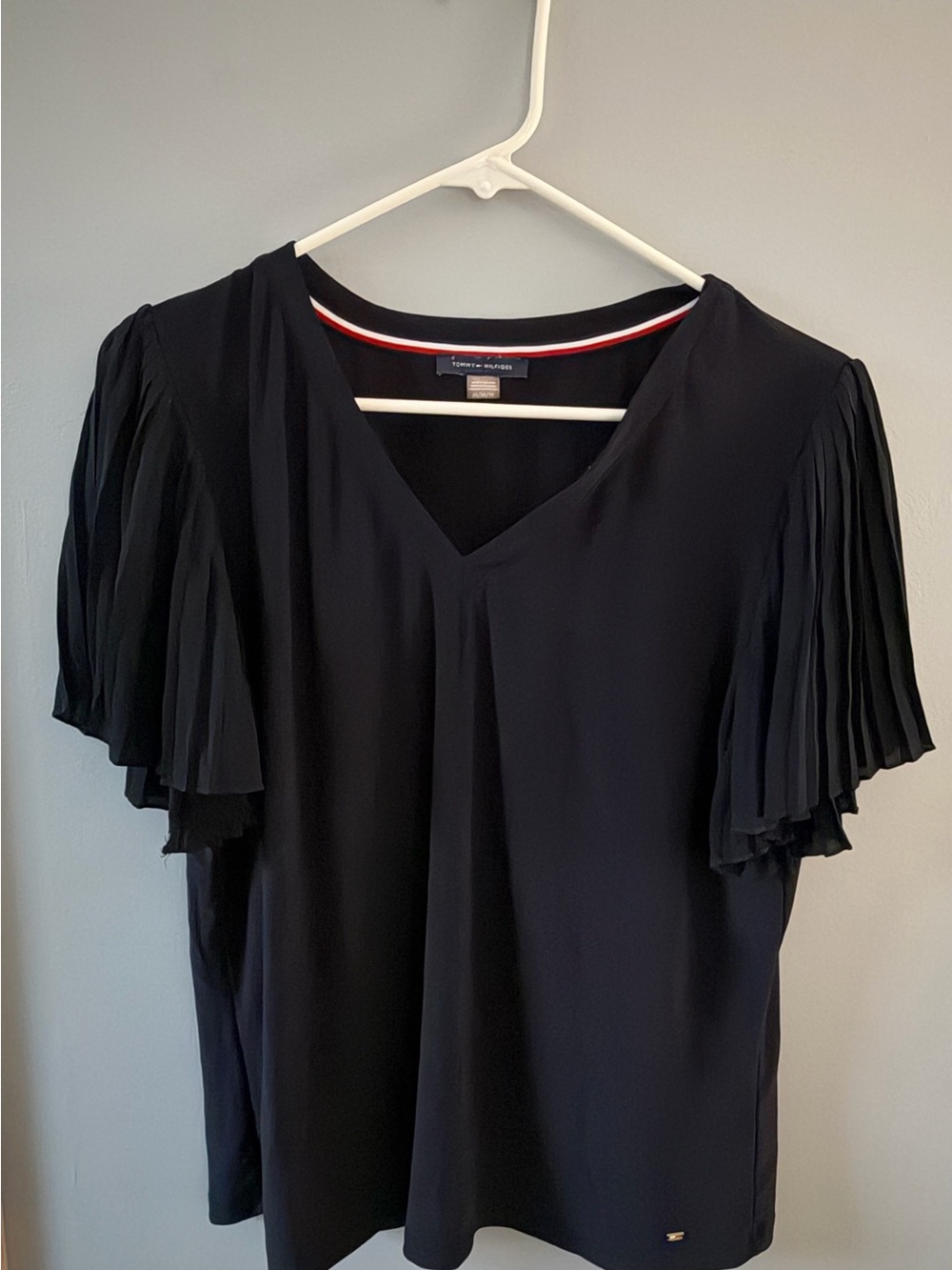 Tommy Hilfiger Navy V-Neck Pleated Short Sleeve Blouse